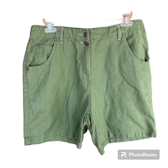 Vintage Woolrich High Rise Linen Shorts Green Zip 2 Button Zip Fly Pockets  M - Picture 1 of 4